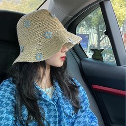 Wide Brim Hats Straw Hat Female Korean Fashion Cute Blue Small Flower Large Eaves Sun Summer Beach Protection Fisherman's