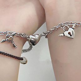 Charm Bracelets 1Pair Couple Magnetic Bracelet Heart Shaped Stainless Steel Angel Wing Lock Love Magnet Jewellery Gifts