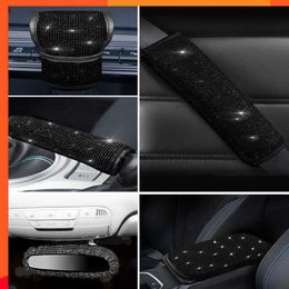 Bling Women Car Accessories Car Handbrake Gear Shift Rearview Mirror Armrest Cover Shoulder Pad Black Rhinestone Decoration Set