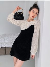 Casual Dresses ZCSMLL Corduroy Patchwork Ruched Mini Dress Women Spring 2023 Long Sleeve A Line Polka Dot French Ladies Clothing