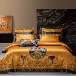 Bedding sets European Aristocratic Gold Vintage Brocade Egyptian Cotton Embroidered Luxury Bedding Set Quilt Cover Bed Linen Bedspread 230506