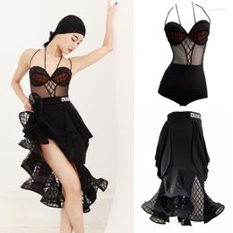 Stage Wear Black Sling Mesh Panel Tops Fishbone Skirts Latin Dance Costumes Women Ballroom Cha Rumba Samba Clothes SL6132