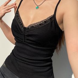 Camisoles Tanks Darlingaga Strap Y2K V Neck Lace Trim Black Crop Top Women Chic Folds Mini Camisole Fashion Basic Summer Tops Backless Knit Goth 230506