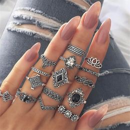 Wedding Rings 15Pcs Lotus Flower Black Gothic Aesthatic Vintage Antique Silver Color Sets for Women Men Jewelry 230505