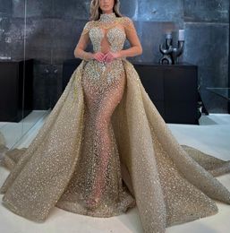 Mermaid Gold Sexy Evening Dresses Long Sleeves V Neck Halter Appliques Sequins Floor Length Hollow Detachable Train Diamonds Prom Plus Size Gowns Party Dress