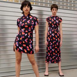 Casual Dresses 2023 Chinese Cheongsam Style Sexy Slim Dress Neon Coloured Spots Print Women High Split