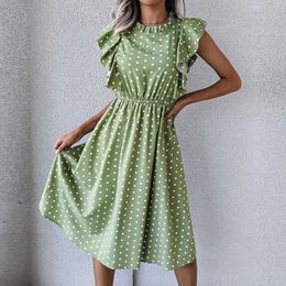 Casual Dresses Ficusrong Vintage Butterfly Sleeve Ruffles Heart Dot Print Dress Women Medium Long Chiffon Ladies Spring Summer Dress Z0506