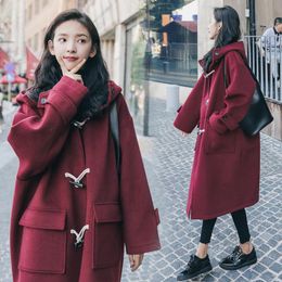 Women's Wool & Blends Qiu Dong Outfit 2023 Han Edition Of Red Ox Horn Buckle Cloth Coat Female In Long Hooded Students Woollen
