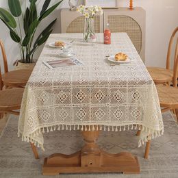 Table Cloth Pastoral Crochet Woven Tablecloth Tassel Beige Hollowed Out Cotton Linen Placemat
