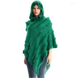 Scarves Solid Cloak Coat Women Poncho Thick Tassel Irregular Hem Cape Knitted Sweater With Hoodie Capa Mujer