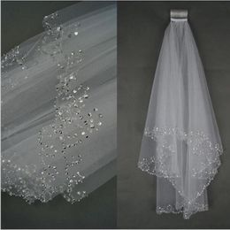 Wedding Hair Jewelry White Ivory Woman Bridal Veils 2 Layers 75 CM Handmade Sequins Beaded Edge With Comb Accessories 230506