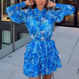 Work Dresses Women Two-piece Set Printed Long Sleeve Shirt Fashion A-line Skirt Matching Suit Blue Short And Top Autumn 2023