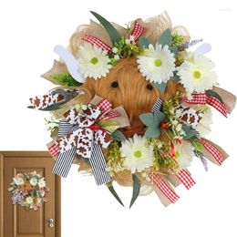 Decorative Flowers Highland Cow Wreath | Spring Wreaths With Bows Farmhouse Door Front Porch Decor For All Seasons Outdoor