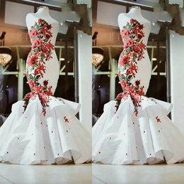 Red And White 3D Floral Flowers Mermaid Wedding Dresses 2023 Lace-Up Corset Sweetheart Satin Beading Ruched South Arabic Bridal Gowns 322