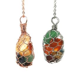 JLN Wire Wrapped Net Irregular Stone Pendant Seven Chakra Raw Gemstone Metal Net Pendants With Anti Tarnished Chain Necklace Gift For Women