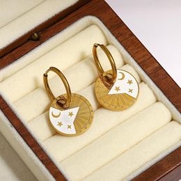 Hoop Earrings Greatera Trendy Stainless Steel Star Moon For Women White Enamel Gold Plated Geometric Round Jewelry