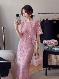 Women's 2 piece dress suit o-neck short sleeve lace crochet hollow out top and midi long pencil skirt twinset SMLXLXXL