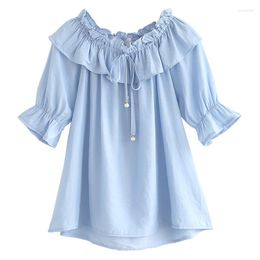 Women's Blouses Solid Ruffles Slash Neck Women Blouse 2023 Summer Half Sleeved Loose Sweet Style Girl Pulls Tops Top Quality