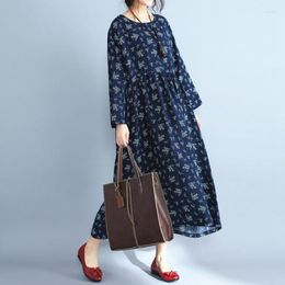 Casual Dresses 2023 Spring And Autumn Cotton Women's Plus Size 4XL 5XL 6XL 7XL 8XL Dark Blue Floral Thin Loose Round Neck Long Sleeve