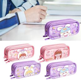 Three-Layers Fashion Cartoon Zipper Square Cosmetic Storage Transparent Grid Stationery Pencil Case Pen Bag