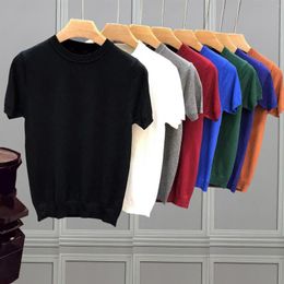 Men's Sweaters High Quality Short Sleeve Knitted T Shirts Men Slim Solid Pullovers Casual Stretched Tee Shirt Streetwear Homme Plus Size