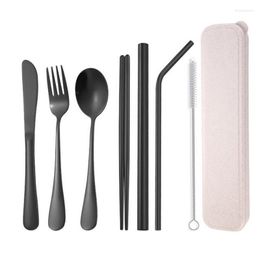Dinnerware Sets 7 Pieces/Set Stainless Steel Portable Cutlery Straw Chopsticks Spoon Steak For Travel Camping