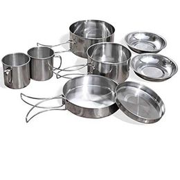 Camp Kitchen 8Pcs/set Ultra-light Stainless Steel Outdoor Picnic Pot Pan Kit Outdoor Camping Hiking Mini Cookware Bowl Cup Cover Cooking Set P230506