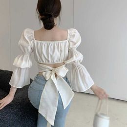 Women's Blouses Shirts Y2k summer vintage women elegant casual blouses long sleeve backless bow tops korean fashion sweepy shirts square collar P230506