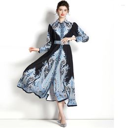 Casual Dresses Bohemian Women Chic Flower Print Maxi Dress Collar Long Sleeve Split Belted Party Vestido Robe Turkish Islamic Clothing