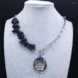 Pendant Necklaces 2023 Yoga Lotus Black Natural Stone Stainless Steel Necklace For Women Round Choker Jewellery Bijou FemmeN1790s03