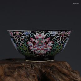 Bowls Kangxi Black Enamel Tangled Lotus Bowl Antique Jingdezhen Hand-painted Porcelain Chinese Ornaments