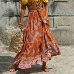 Skirts Jastie Women Maxi Skirt Cotton Orange Floral Print Split Sexy Summer Skirts Vintage Beach Casual Clothes Boho Long Women Skirts T230506