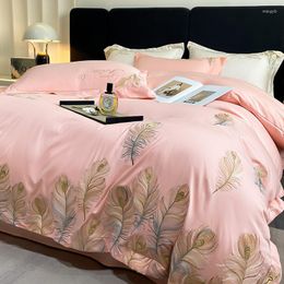 Bedding Sets Pink Pure Cotton Princess Set Luxury 4pcs Chic Plume Embroidery Duvet Cover Bed Sheet Pillowcases Home Textile