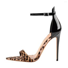 Sandals Pointed Toe Summer For Women 2023 Stilettos High Heels Party Shoes Leopard Patent Leather Strappy Plus Size
