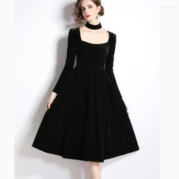 Casual Dresses Runway Design Woman Black Party Korean Vintage Elegant Square Collar Long Sleeve Slim Waist A-Line Dress Robe Vestidos