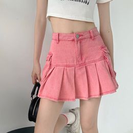 Skirts Sweet Spicy Pink Denim Mini Pleated Skirt Women High Waist American Design A-line Summer Fashion Casual Short 230506