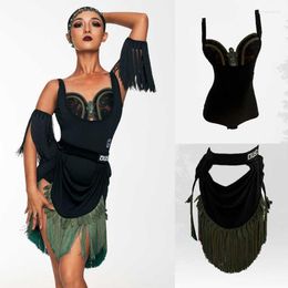 Stage Wear Women Latin Dance Costume Sexy Slevveless Top Cutout Fringed Skirts Clothes Adults Performing Clothing SL7165