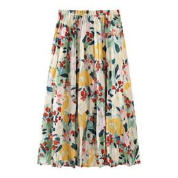 Skirts Floral Print Folds Bohemian A-line Elastic High Waist Women's Skirt Korean Fashion Knee-Length Long Skirts For Women Summer 230506