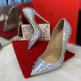 Casual Designer Sexy Lady Fashion Women Shoes Silver Shiny Patent Leather Spikes Pointed Toe Plus Size Party Prom Wedding High Heels Stiletto Pumps 12CM/10CM/8CM