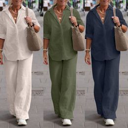 Women's Two Piece Pants 2023 Spring Cotton Linen Tracksuit Suit Long Sleeve Shirt Loose Set Female Casual Elegant Ladies 2 Sets 230506