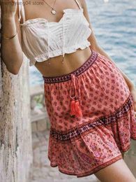 Skirts Chic Hippie Floral Printed Mini Skirts Vintage Elastic Tassel Faldas Summer 2022 Beach Boho Casual Clothes Short Women Skirts T230506