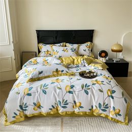 Bedding sets Svetanya Yellow Lemon Fruit Fresh Bedding Set Satin Egyptian Cotton Duvet Cover Set Queen King Size Linens Pillowcases 230506