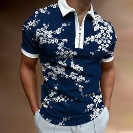 Men's Polos Fashion Clothing Polo Shirts Casual Golf Wear Flower Print Short Sleeve Tee Shirt Men TurnDown Collar Zipper Tops 230506