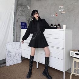 Work Dresses Korean Fashion Trends 2 Piece Skirts Sets For Womens Punk Style Clothing Black Mini Skirt And Long Sleeve Shirts Goth
