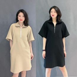 Casual Dresses 2023 Summer Simple Nordic Style POLO Collar Dress Temperament Commuter Front Zipper Short-sleeved Pullover Midi Skirt