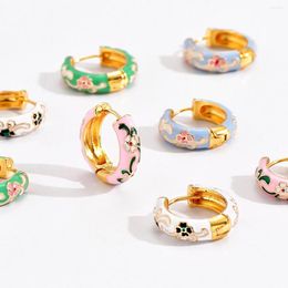 Hoop Earrings Retro Oil Drip Pink Small Ear Buckle Cherry Blossom Flower For Women Girl Luxury Gold Color Huggie Jewelry