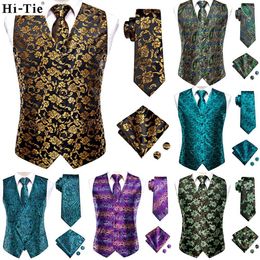 Men's Vests Hi-Tie Black Gold Floral Silk Dress Vest Set For Men Dark Blue Jacquard Men's Suit Vest Male Waistcoat For Wedding Formal Jacket 230506