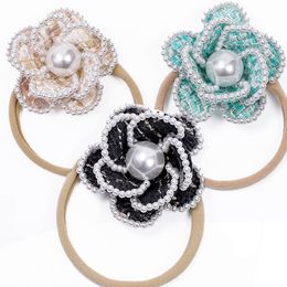 Boutique Pearl little Flower Nylon Headband Newborn Hair Flower Accessories Baby Girl Diamond Hairband Photo Prop Size Fits All