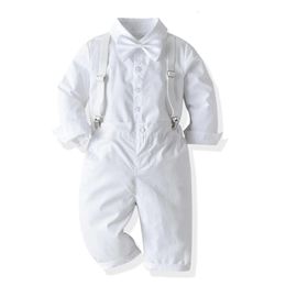 Family Matching Outfits Kid Boy Formal Clothing Suit White Bow Shirt Long Sleeve Baptism Dress Solid Suspenders Pants Party Wedding Handsome Toddler Set 230506