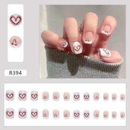 False Nails 24PCS Short Press On Heart Cherry Pattern Full Coverage Artificial Fake Sweet Style Nail Art Tip